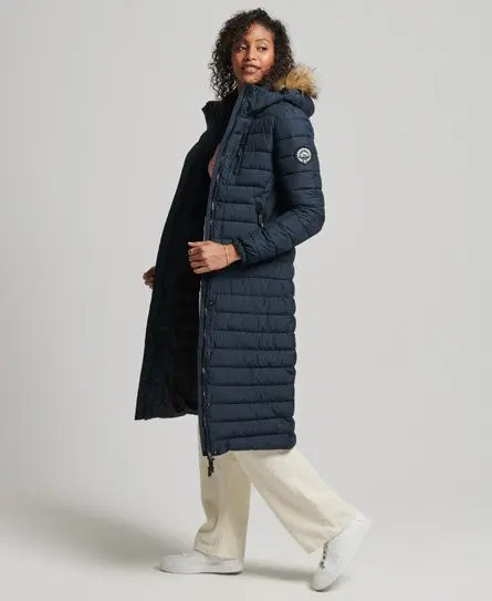 Superdry Women's Faux Fur Hooded Longline Light Padded Puffer Coat Navy / Eclipse Navy - 