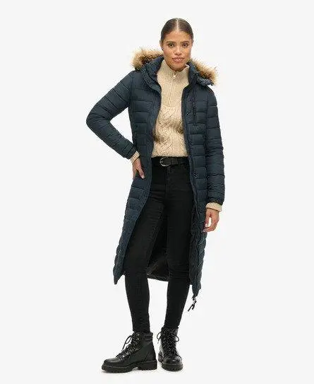 Superdry Women's Faux Fur Hooded Longline Light Padded Puffer Coat Navy / Eclipse Navy - 