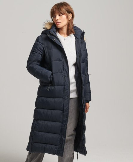 Superdry Women's Faux Fur Hooded Longline Puffer Coat Navy / Eclipse Navy - 