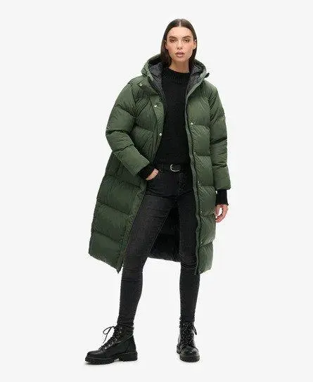 Superdry Women's Hooded Longline Puffer Coat Dark Green / Thyme - 