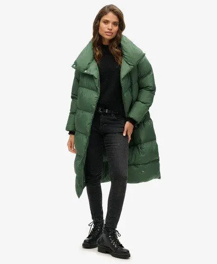 Superdry Women's Longline Puffer Coat Green / Military Duck - 