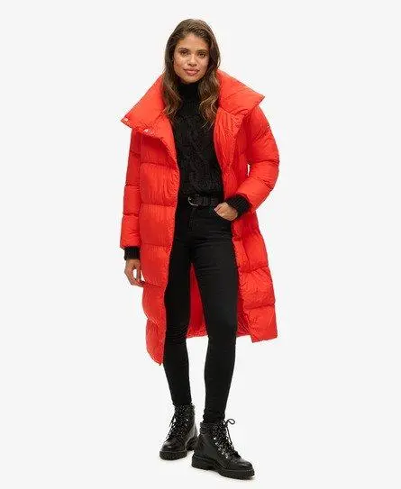 Superdry Women's Longline Puffer Coat Orange / Volcanic Lava Orange - 