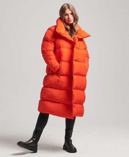 Superdry Women's Longline Puffer Coat Orange / Volcanic Lava Orange - 