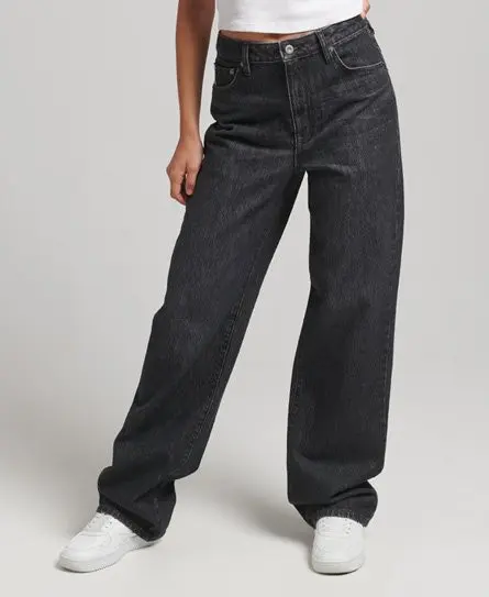 Superdry Women's Cotton Wide Leg Jeans Black / Wolcott Black Stone Organic - 