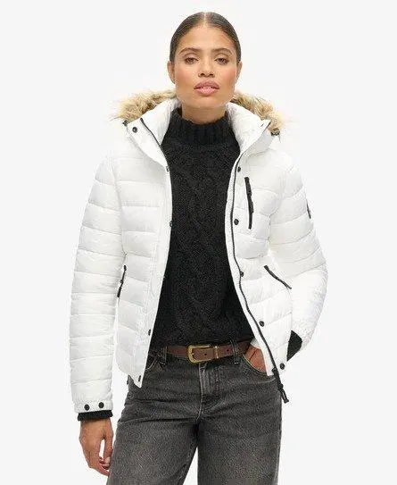 Superdry Women's Faux Fur Short Hooded Puffer Jacket White - 