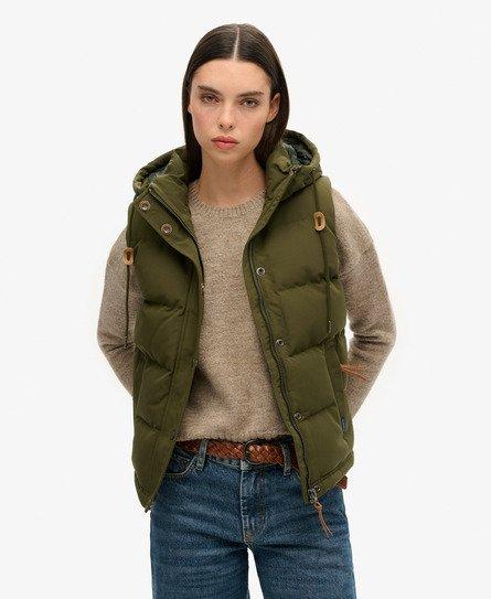 Superdry Women's Slim Fit Logo Patch Everest Hooded Puffer Gilet, Green, 