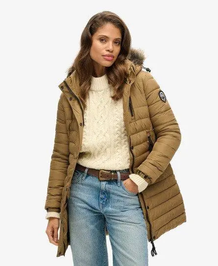 Superdry Women's Faux Fur Hooded Mid Length Puffer Jacket Brown / Sandstone - 