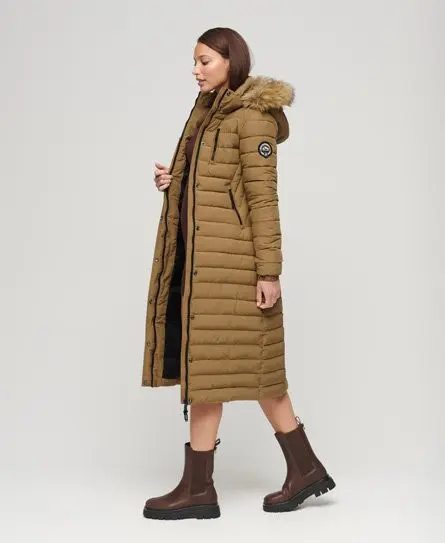 Superdry Women's Faux Fur Hooded Longline Light Padded Puffer Coat Brown / Sandstone - 