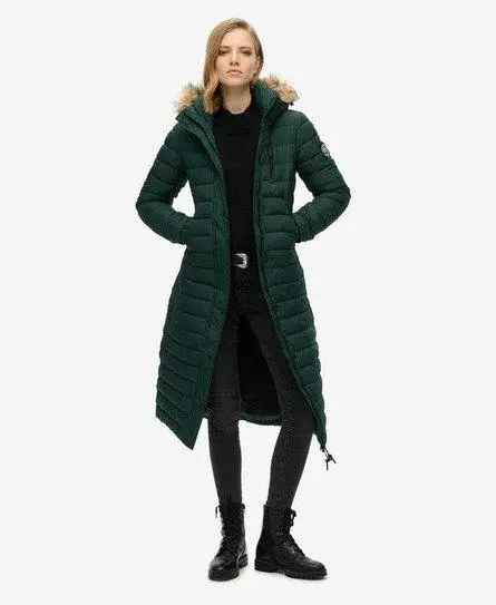 Superdry Women's Faux Fur Hooded Longline Light Padded Puffer Coat Green / Enamel Green - 