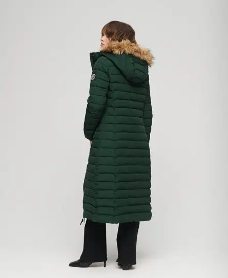 Superdry Women's Faux Fur Hooded Longline Light Padded Puffer Coat Green / Enamel Green - 