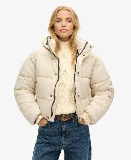 Superdry Women's Cropped Cocoon Puffer Jacket Cream / Rainy Day - 