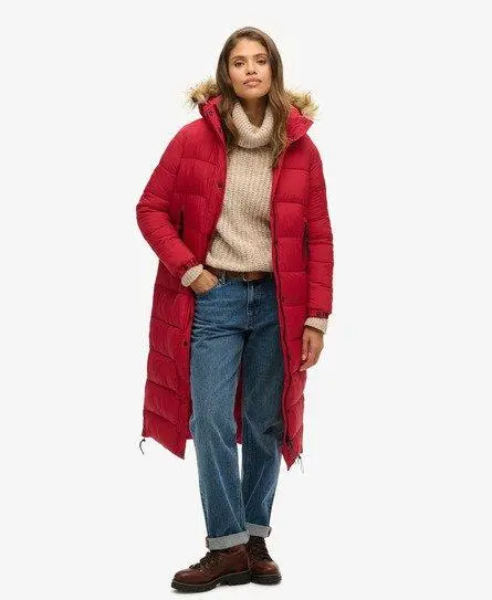 Superdry Women's Faux Fur Hooded Longline Puffer Coat Red - 