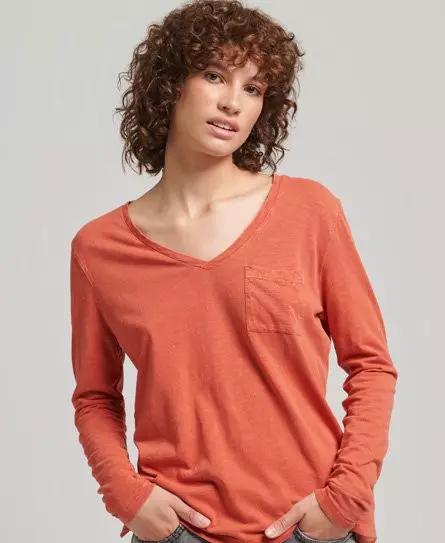 Superdry Women's Long Sleeve Slub V-Neck Top Orange / Tabasco - 