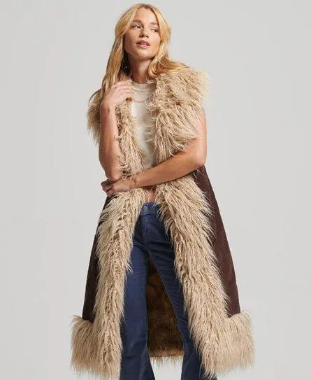 Superdry Women's Faux Fur Afghan Long Gilet Brown / Coffee Bean Brown - 