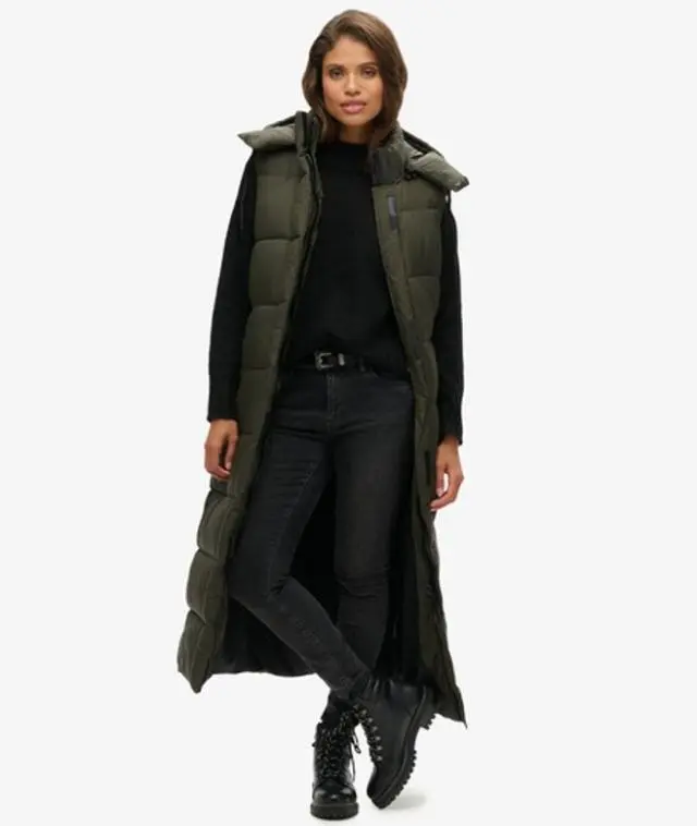 Superdry Women's Hooded Ripstop Longline Gilet Green / Khaki Grid -