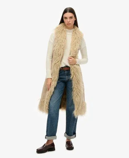 Superdry Women's Faux Fur Afghan Long Gilet Brown / Stone Wash Taupe Brown - 