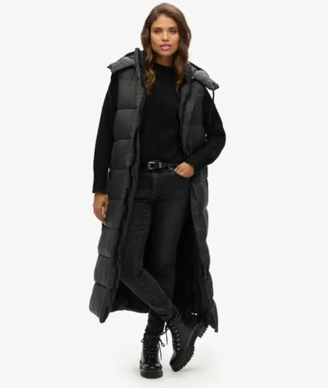 Superdry Women's Classic Logo Patch Hooded Ripstop Longline Gilet, Black,