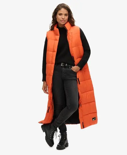 Superdry Women's Ripstop Longline Puffer Gilet Orange / Orange Grid - 