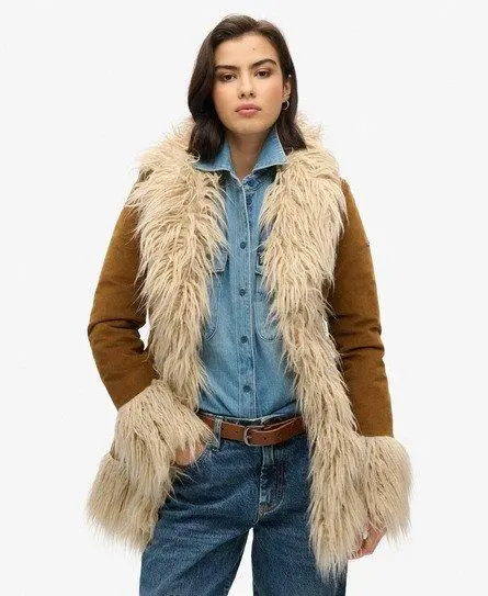 Superdry Women's Faux Fur Lined Afghan Coat Brown / Denim Co Tobacco Brown - 