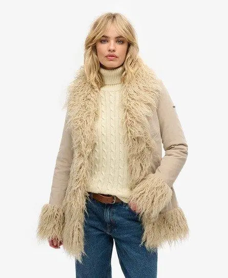 Superdry Women's Slim Fit Faux Fur Lined Afghan Coat, Taupe, 