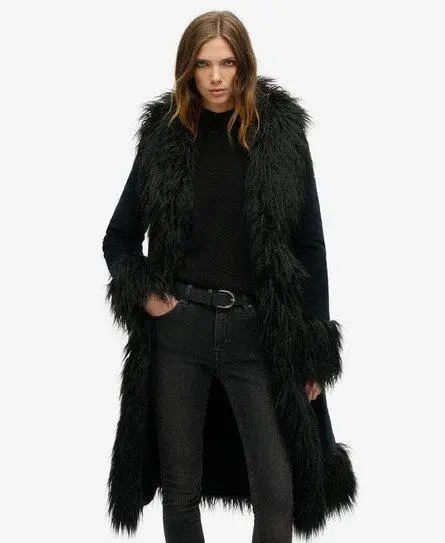 Superdry Women's Faux Fur Lined Longline Afghan Coat Black - 