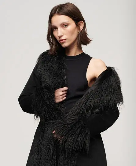 Superdry Women's Faux Fur Lined Longline Afghan Coat Black - 