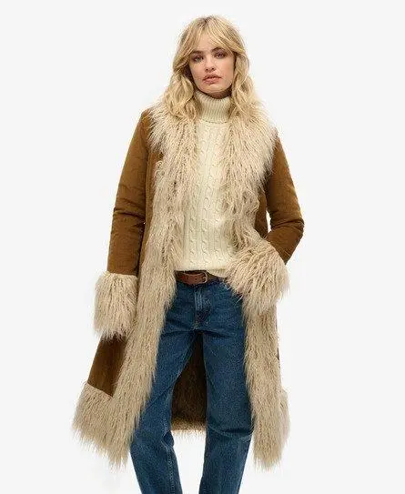 Superdry Women's Faux Fur Lined Longline Afghan Coat Brown / Denim Co Tobacco Brown - 