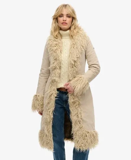 Superdry Women's Faux Fur Lined Longline Afghan Coat Cream / Stone Wash Taupe Brown - 