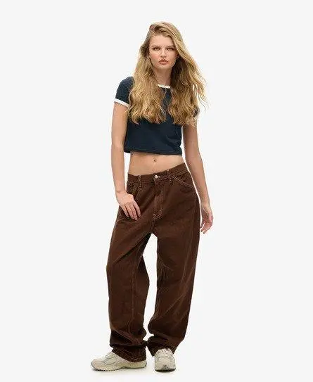 Superdry Women's Ladies Classic Contrast Carpenter Wide Leg Pants, Brown, 