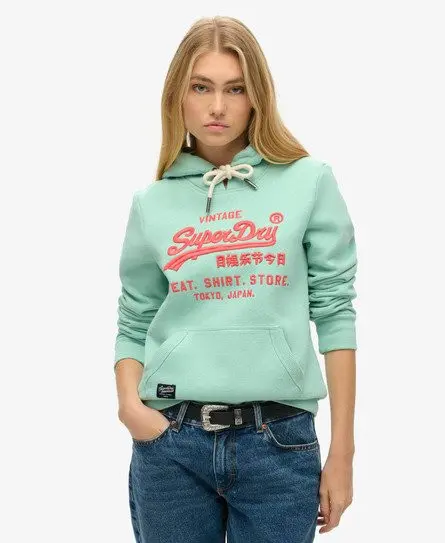 Superdry Women's Classic Neon Vintage Logo Hoodie, Green, 