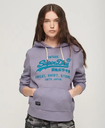Superdry Women's Classic Embroidered Neon Vintage Logo Hoodie, Purple, 