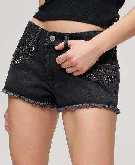 Superdry Women's Diamante Embellished Denim Shorts Black / Wisconsin Washed Black - 