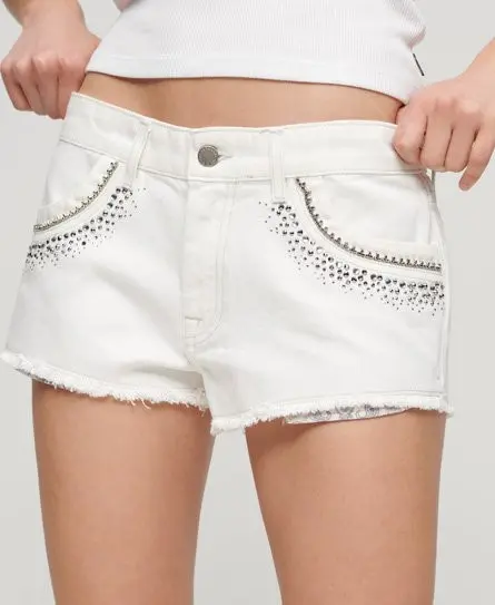 Superdry Women's Diamante Embellished Denim Shorts White / Rockwood Vintage White - 