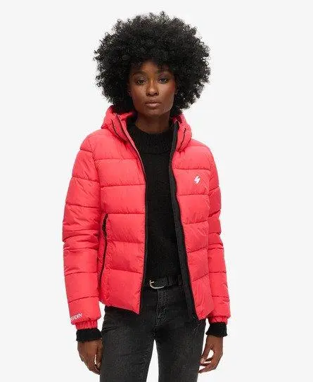 Superdry Ladies Embroidered Hooded Spirit Sports Puffer Jacket, Pink, 