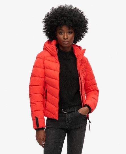 Superdry Ladies Embroidered Hooded Microfibre Padded Jacket, Red, 