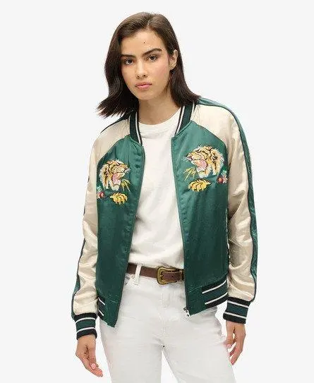 Superdry Women's Fully lined Embroidered Sukajan Bomber Jacket, Green, Yellow and Cream, 