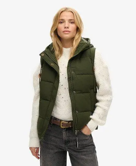 Superdry Women's Everest Hooded Puffer Gilet Green / Abyss Khaki - 