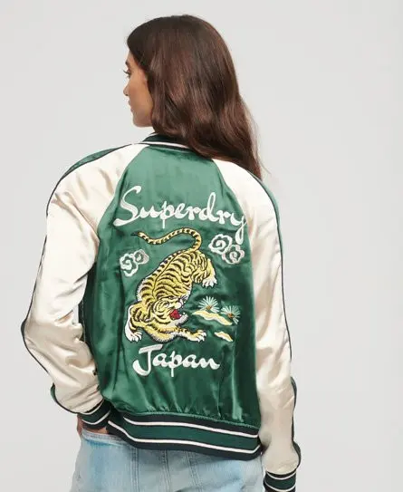 Superdry Women's Fully lined Embroidered Sukajan Bomber Jacket, Green, Yellow and Cream, 