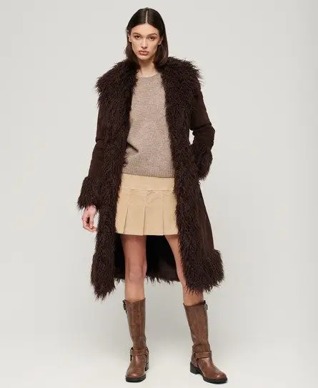 Superdry Women's Faux Fur Lined Longline Afghan Coat Brown / Dark Brown Cord - 