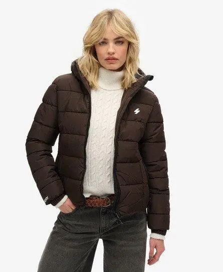 Superdry Women's Hooded Spirit Sports Puffer Jacket Brown / Dark Oak Brown - 