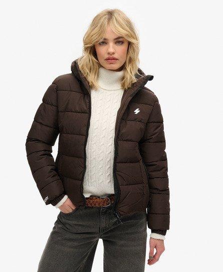 Superdry Women's Slim Fit Embroidered Logo Hooded Spirit Sports Puffer Jacket, Dark Brown, 