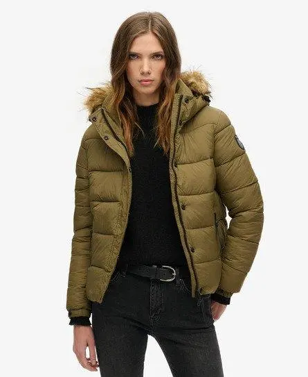 Superdry Women's Faux Fur Short Hooded Puffer Jacket Khaki / Camouflage Khaki - 