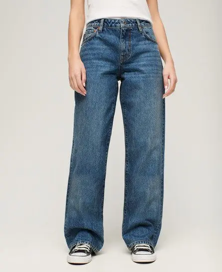 Superdry Women's Classic Organic Cotton Mid Rise Wide Leg Jeans, Dark Blue, 