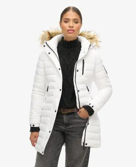 Superdry Women's Fuji Hooded Mid Length Puffer Coat White - 