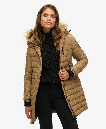 Superdry Women's Quilted Fuji Hooded Mid Length Puffer Coat, Brown, 