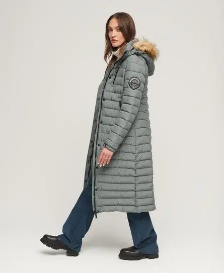 Superdry Women's Quilted Fuji Hooded Longline Puffer Coat, Green, 