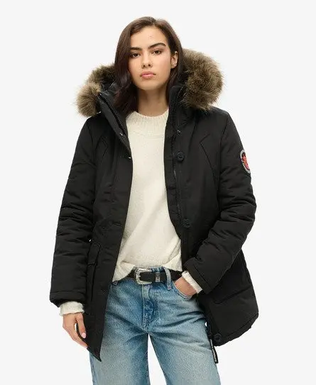 Superdry Women's Classic Logo Patch Everest Faux Fur Hooded Parka Coat, Dark Grey, 