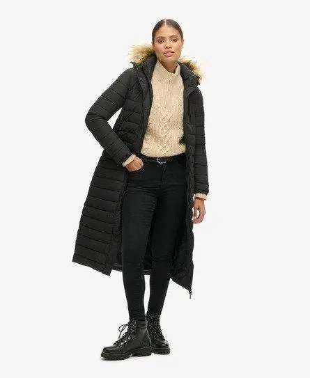 Superdry Women's Quilted Fuji Hooded Longline Puffer Coat, Black, 