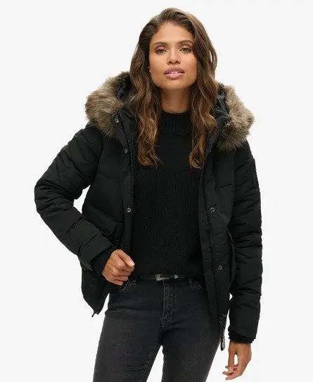 Superdry Women's Fully Lined Embroidered Badge Hooded Everest Puffer Bomber Jacket, Dark Grey, 