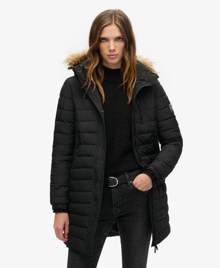 Superdry Women's Quilted Fuji Hooded Mid Length Puffer Coat, Black, 